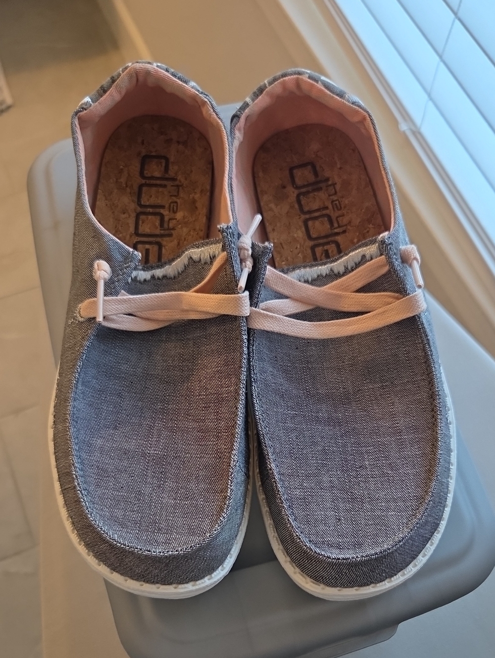Hey Dude Chambray Gray Slip-Ons with Blush Pink Accents